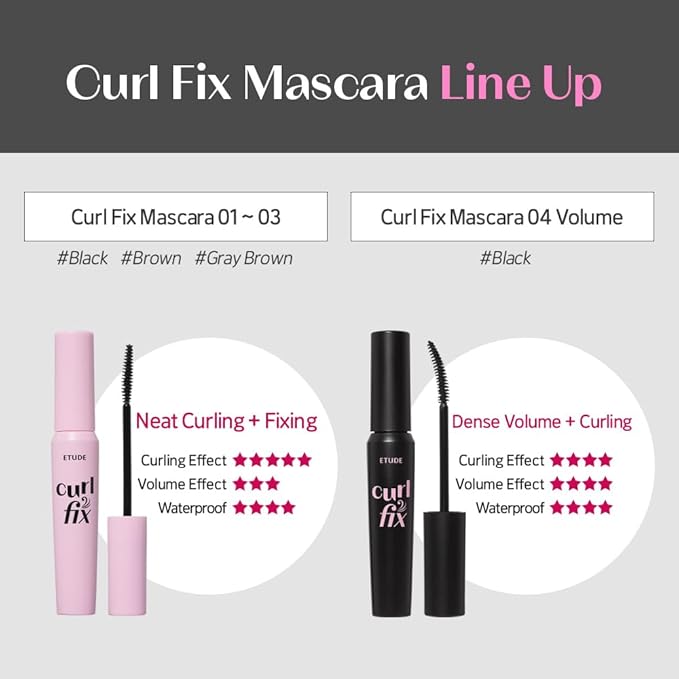 ETUDE Curl Fix Mascara, Lash Mascara, Strong Curl Up, Long-Lasting, Waterproof, Light-Weight, Korean Makeup, Beauty, Vegan Certified, Volume (0.27 Fl Oz)