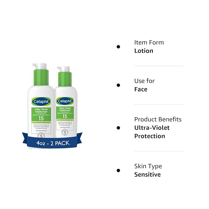 Cetaphil Daily Facial Moisturizer SPF 15, 4 Fl Oz, Gentle Facial Moisturizer for Dry to Normal Skin Types, No Added Fragrance, (Packaging May Vary)(Pack of 4)