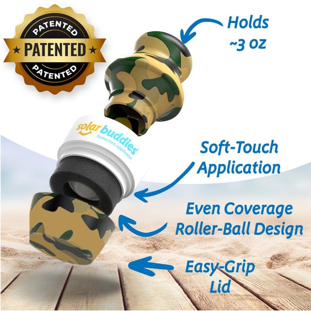 Solar Buddies Sunscreen Applicator - Camo Single - Refillable Roll on Sponge Sunscreen, Suncream & Lotion Applicator For Kids, Adults & Families - Holds 3.4fl oz, Perfect Size for Travel