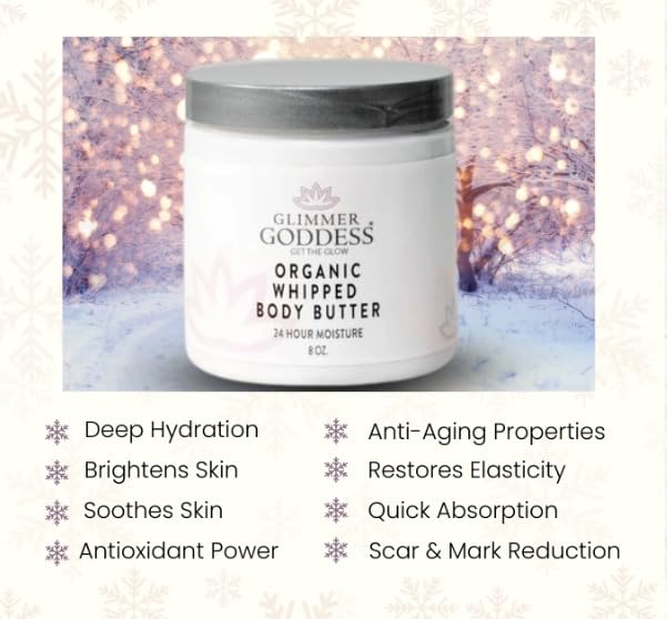 Glimmer Goddess Organic Whipped Body Butter for Women - Moisturizer Cream with Shea & Cocoa Butter, Almonds & Coconut Oil - Coastal Reverie, 8oz