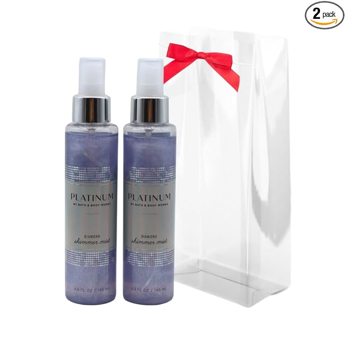 Bath & Body Works PLATINUM Diamond Shimmer Mist 2-piece Set with a Red Bow for Holidays & Gifts 4.9 fl oz each