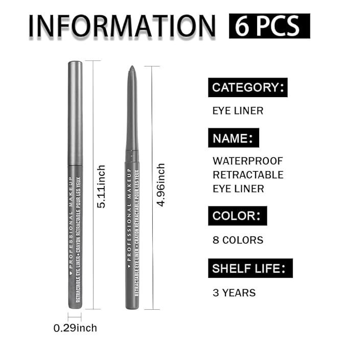 Retractable Creamy Eyeliner Eyeshadow Sticks for Eye Makeup, Ultra Pigmented Mechanical Eye Pencils, Smudge Proof Matte Satin Finish Formula, Longlasting, Vegan & Cruelty-Free (6 Pcs-Silver Gray-05)