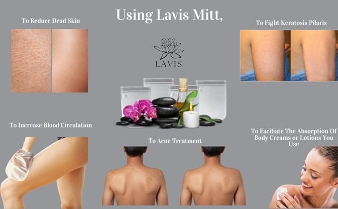 Lavis Exfoliating Glove Mitt for Body - Scrub Mitt- Dead & Dry Skin Cleaner -Turkish Bath Hammam Spa - Keratosis Pilaris Treatment - Kese- Fake Tan - Removes Dirt Grim Soft Skin -100% Natural 4Pcs Set