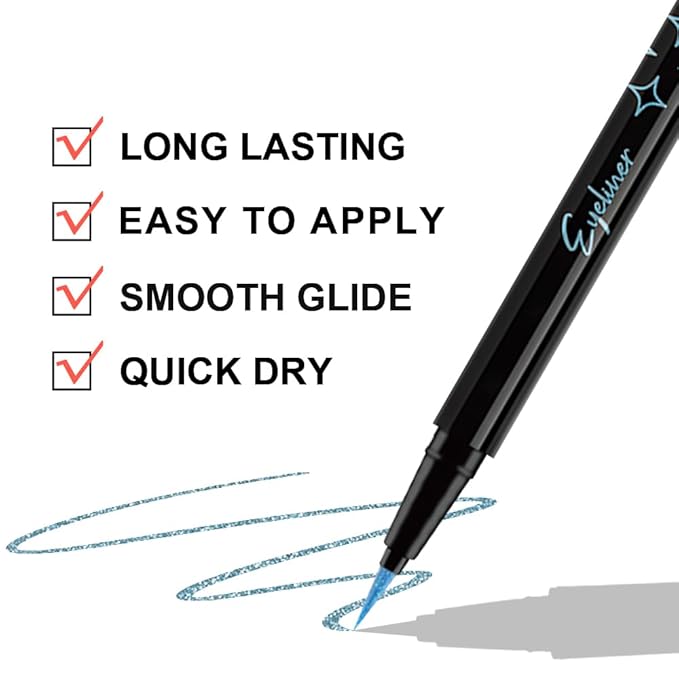 Sky Blue Metallic Glitter Liquid Eyeliner Pen – Long-Lasting Sparkly Waterproof Eyeliner for Women & Men – Tattoo-Effect Eye Makeup for Parties – Delineador de ojos líquido con 08