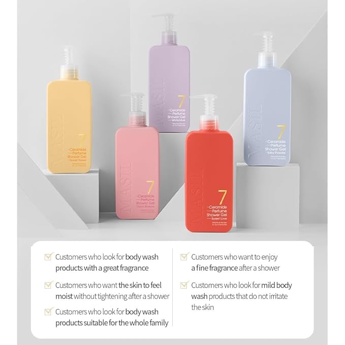 MASIL 7 Ceramide Perfume Shower Gel for Sensitive Skin, Moisturizing Body Wash for Women, Aroma Liquid Soap with 15 Natural Extracts, Korean Skincare Bath & Home Spa (1, Sweet Love)