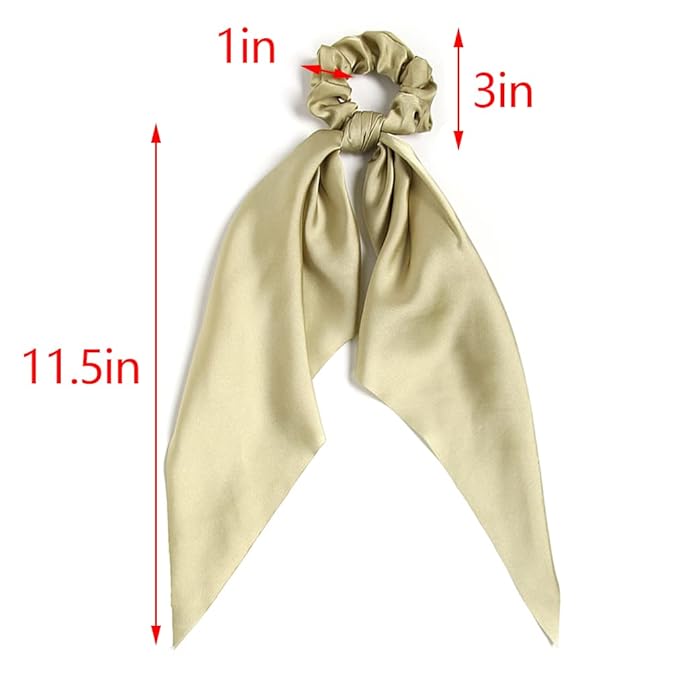 LFOUVRE Pack of 2 Knotted Bow Hair Scrunchies, 3 inch Diameter, 11.5 inch Satin Hair Ribbon Scrunchies, Hair Accessories for Women and Girls (Pea green, 2 Count)
