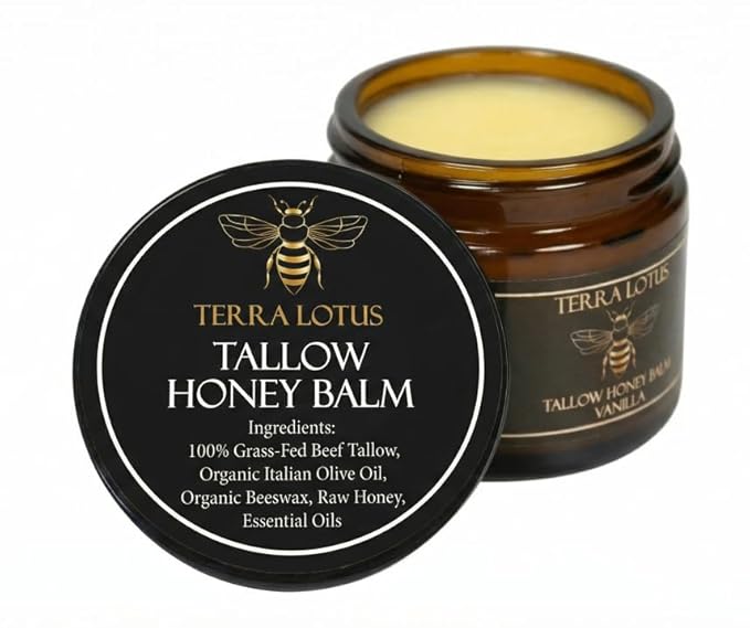 Terra Lotus - Organic Grass-Fed Beef Tallow Balm with Raw Honey - Moisturizing Cream for Soft, Smooth Skin - Handmade All-Natural Moisturizer (2 Oz, Vanilla)
