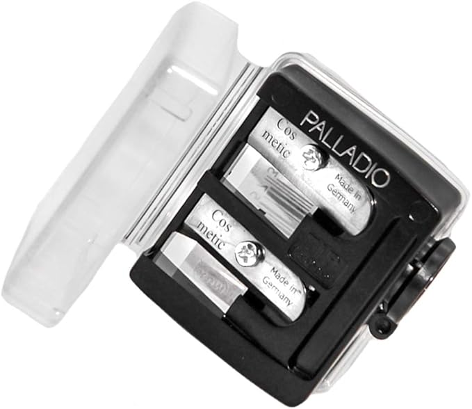 Palladio Double Barrel 3 in 1 Cosmetic Pencil Sharpener with Cover, Stainless Steel Blade, Size Adjuster, Essential for Small and Extra Large Lip Liner, Eyeliner, Brow Pencils