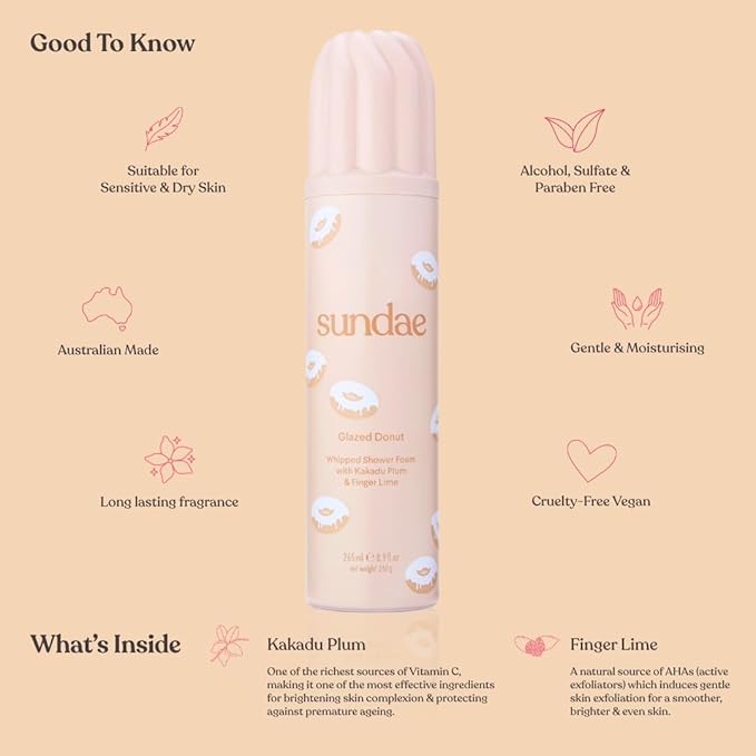 sundae Whipped Shower Foam Glazed Donut Foaming Body Wash with Kakadu Plum & Finger Lime 8.9 fl oz, 265ml