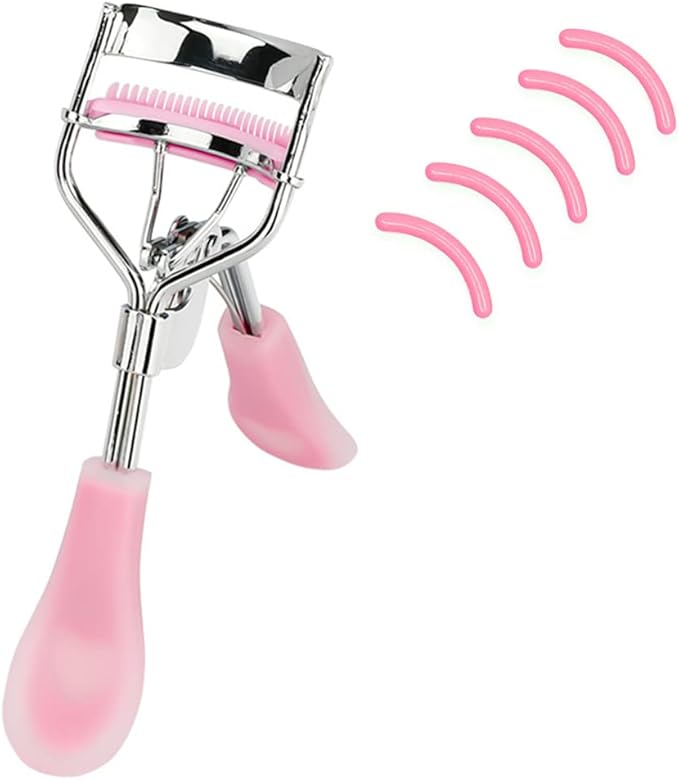 MERVK Stainless Steel Eyelash Curler with Built-in Comb Pinch Pain-Free Suitable for Any Eye Shapes and Sizes, with 5 Silicone Refill Pads (Hazy Pink)