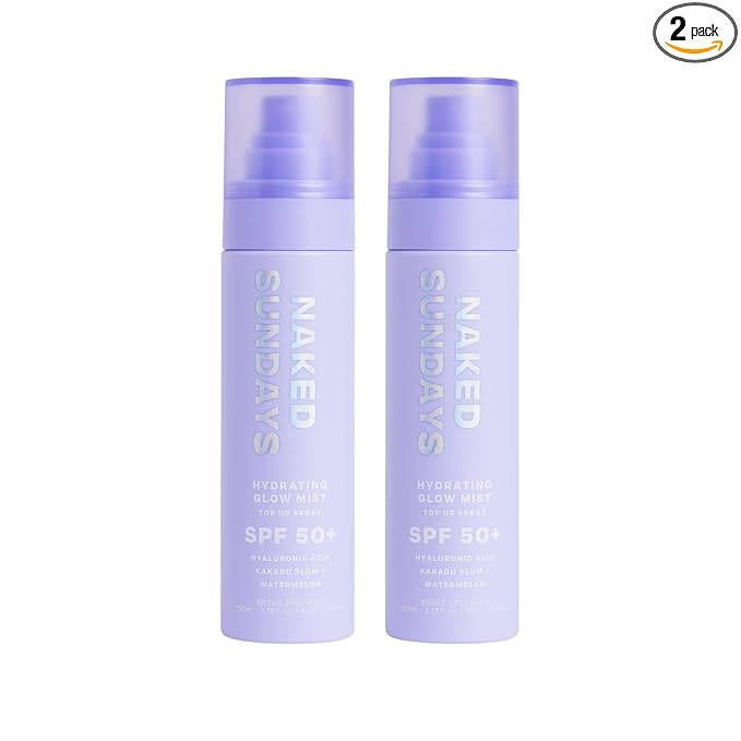 Naked Sundays SPF 50 Hydrating Glow Face Mist - Daily Sunscreen Spray & Makeup Setting Spray with Hyaluronic Acid, Lightweight, Non-Greasy & Hydrating, 2-Pack 75ml