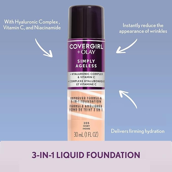 COVERGIRL & Olay Simply Ageless 3-in-1 Liquid Foundation, Matte Finish, Hyaluronic & Vitamin C Formula, 275 Soft Sable, 1 Count