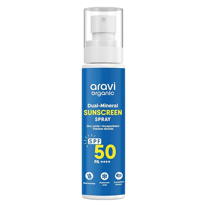 Aravi Organic Dual Mineral Sunscreen Spray SPF 50 | In-VivoTested | Broad Spectrum Protection | Fast Absorbing & Lightweight, Face and Body Sunscreen | Zinc Oxide & Titanium Dioxide - 3.38 FL Oz
