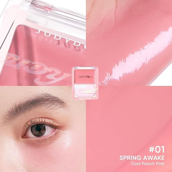 JUDYDOLL Glow Blush Balm,85% Essence-Infused,Hydrating, Buildable&Non-Patchy Cheek Color with Puff,Dewy Finish,Lightweight Blush for Cheeks, Cool Toned Blush (01 Spring Awake)
