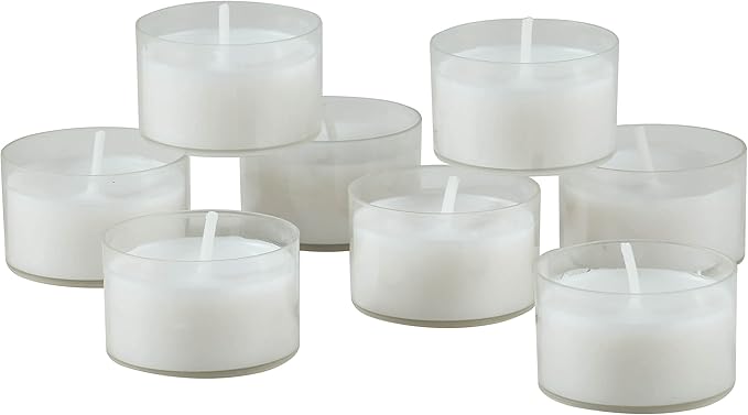 Stonebriar 96 Count White Unscented Smokeless Long Burning Clear Cup Tea Light Candles with 6 to 7 Hour Burn Time