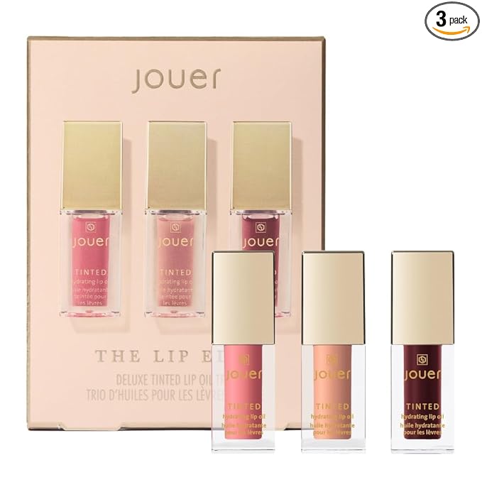 Jouer The Lip Edit Deluxe Tinted Lip Oil Trio, Hydrating, High Shine, Non-Sticky Set with Apricot, Jojoba, Vitamin E, Makeup Gift, 3 Shades
