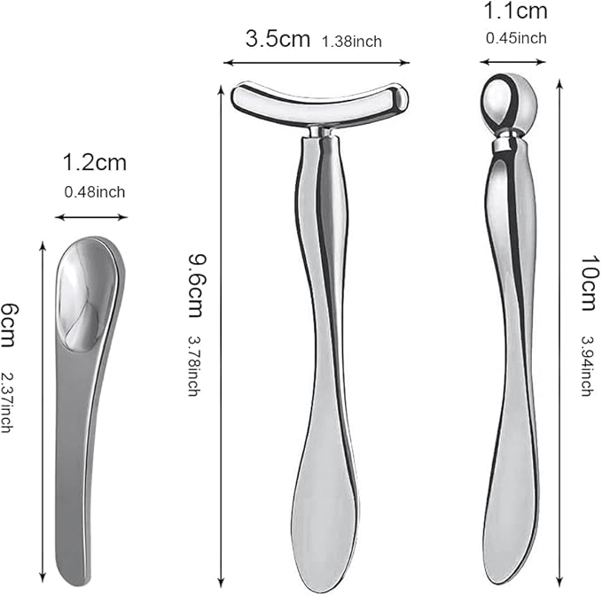 Pimoys 3 Pcs Metal Eye Cream Applicator Tool, Eye Roller Massage Sticks and Makeup Cream Spoon, Facial Massager for Reducing Puffiness Wrinkle Dark Circles