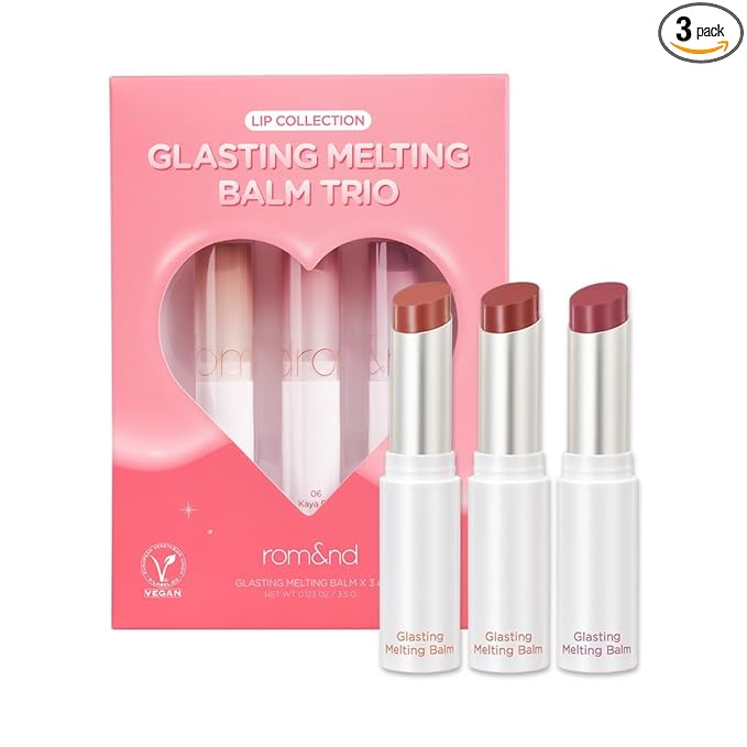 rom&nd Glasting Melting Balm Trio | Hydrating Lip Balm Set for Crystal Shine & Vivid Daily Colors | Non-Sticky, Gentle Formula for Plump, Dewy Lips | #05 Nougat Sand, #06 Kaya Fig, #07 Mauve Whip