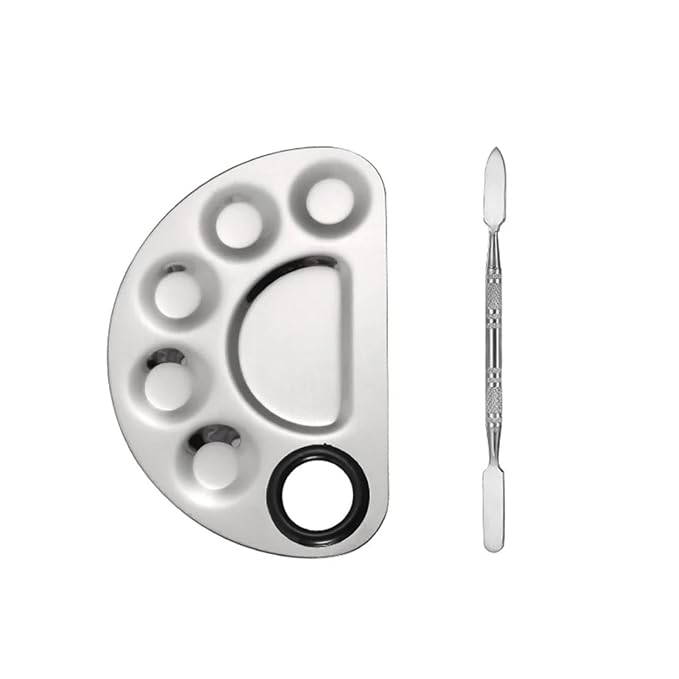 1Set of Semicircle 6-Dents Steel Nail Polish Cosmetic Makeup Blending Color Palette with Spatula, Painting Plate with Rod for Beauty Nail Art Salon Tool (Semi-circle six concave color palette)
