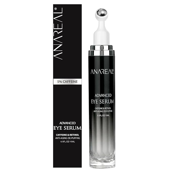 ANAREAL Eye Bags Treatment for Men and Women : Caffeine Under Eye Cream for Dark Circles & Puffiness - 360° Eye Roller for Puffy Eyes