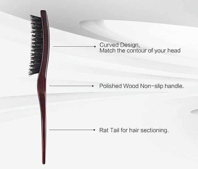 PERFEHAIR 100% Pure Boar Bristle Teasing Hair Brush with Wooden Handle, 3 Row Slim Backcombing Brush, 8.8 inch
