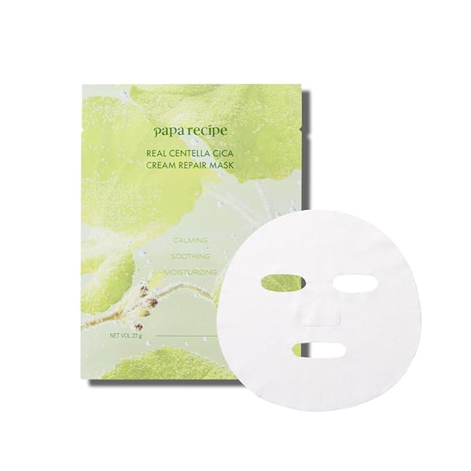 Papa Recipe - Real Centella Cica Cream Repair Mask (27g * 10 Sheets) - Cream Repair Mask, Centella Cica Care, Calming & Moisturizing, Non-Sticky Finish, Korean Skincare