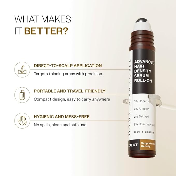 Bare Anatomy Advanced Hair Density Roll-On| 3% Redensyl + 4% Anagain + 2% Baicapil + 5% Rosemary, Rice Water, Biotin & Saw Palmetto| Reduces Hair Fall, Supports Hair Growth for Men & Women | 25ml