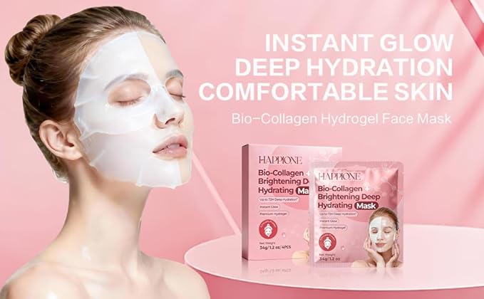 Bio-Collagen Hydrogel Face Mask – Turns Transparent Overnight for Glass Skin – 34g Deep Hydration with 9 Types of Hyaluronic Acid – Brightening Vitamin C & Niacinamide (4-Pack)