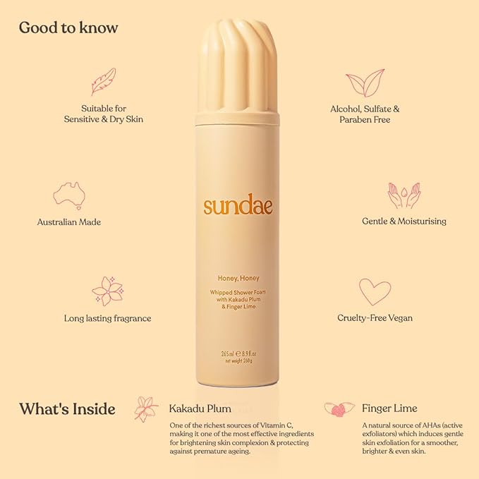 sundae Whipped Shower Foam Honey Honey Foaming Body Wash 8.9 fl oz, 265ml with Kakadu Plum & Finger Lime