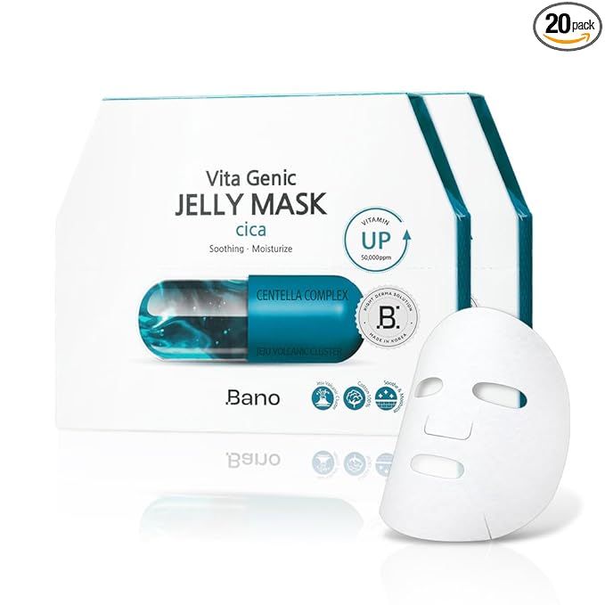 Bano Vita Genic Jelly Face CICA Mask 10EA – Soothing & Hydrating Sheet Mask for Sensitive Skin, Korean Glass Skin Care with Centella, Vitamin C, Biotin & Niacinamide, Fragrance-Free, Pack of 2