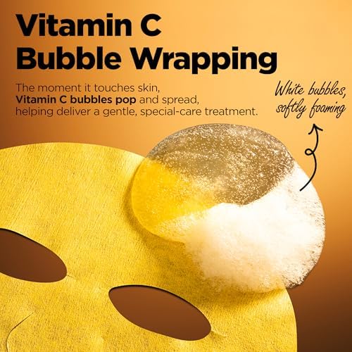 WELLAGE Hyper Toning Vita C Bubble Mask, Korean Skincare, Wash Off Facial Pack for Dull Tired Skin, Brightening and Hydrating, Hyaluronic Acid, Glutathione, Panthenol, 5 Sheets