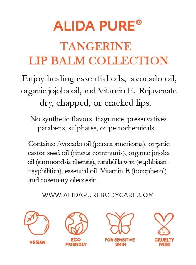 Tangerine Lip Balm, Vegan Set, Beeswax Free, with Organic Jojoba and Avocado Oil, Candelilla Wax, and Vitamin E, Natural Moisturizer For Dry, Chapped, or Cracked Lips, 3 Tube Set