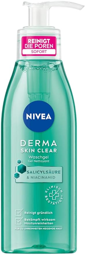 NIVEA Derma Skin Clear Facial Cleansing Gel 150 ml (5.07 fl oz) – Daily Purifying Face Wash with Salicylic Acid, Niacinamide & Sea Salt – For Oily & Blemish-Prone Skin