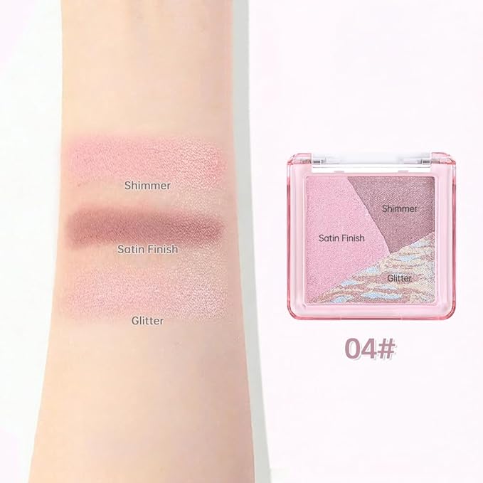 Pink Purple Shimmer Baked Eyeshadow Palette, 3 Color High Pigment Blendable Eye Shadow Makeup for Older Women, Travel Mini Palette Suitable for All Eye Shapes, Vegan & Cruelty-Free Soft Glam Look 04#