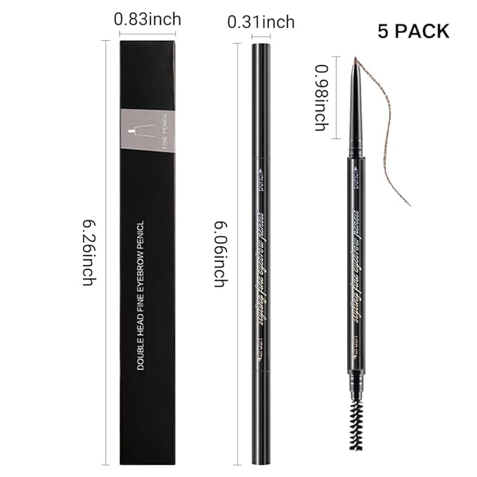 WanTuoluo Thin Eyebrow Pencils for Women - 5 Pack Waterproof Micro Dual-Ended Ultra-Fine Tip Brow Pen & Spoolie Brush, Formula for Natural Hair Strokes, Filling, Shaping - Dark Brown