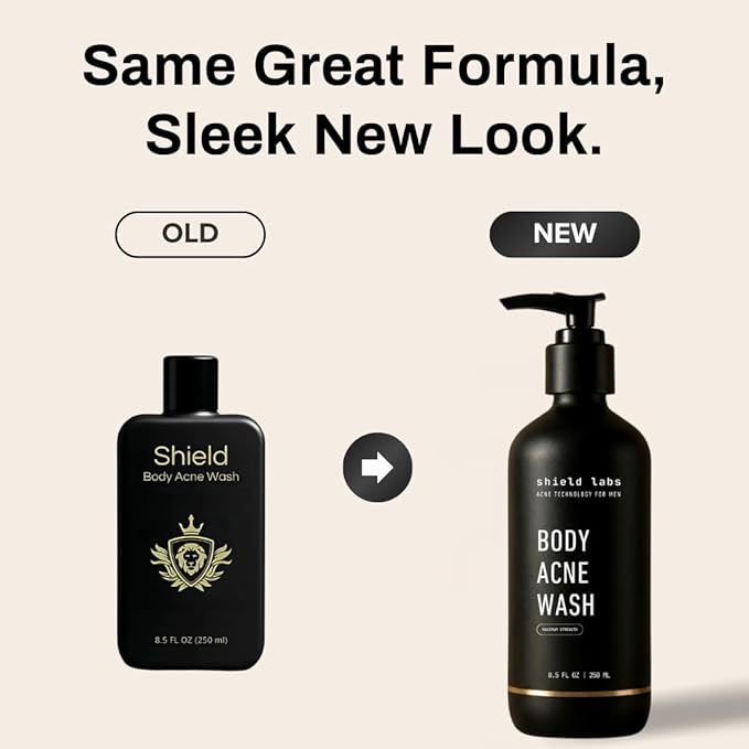 Shield Men's Acne Body Wash for Back, Chest & Shoulders - 4% Benzoyl Peroxide Body Wash, Clears Breakouts & Acne Scars – Unscented with Niacinamide, Glycolic Acid & Ceramides, 8.5 oz
