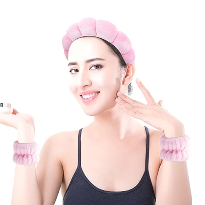SPA Headbands for Washing Face Makeup Scrunchies Hair Tie Hair Band Women Facial Head Band Wrist Towel Wraps For Shower Face Mask Pink, 6 Pack