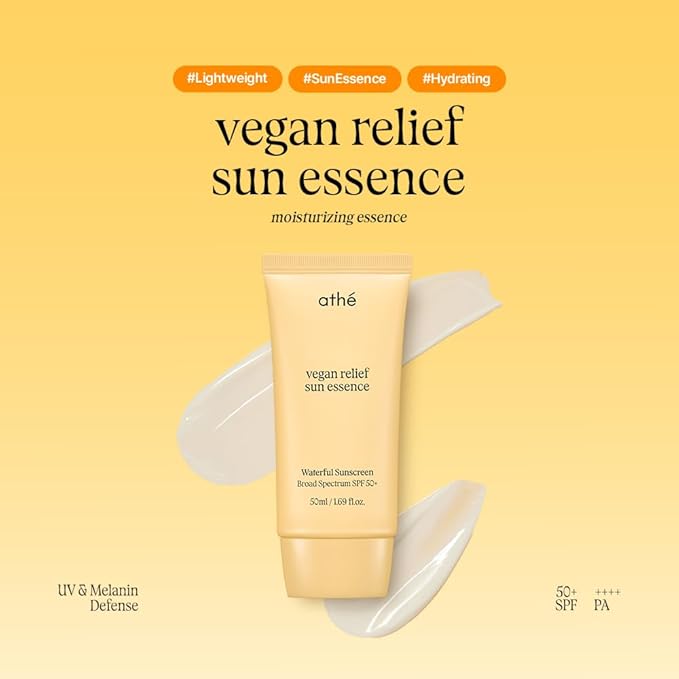 athé Vegan Relief Sun Essence SPF 50+ Broad Spectrum – Ectoin + Glutathione + 8-Vitamin Nourishing UV Essence | Niacinamide & Beta-Glucan | Vegan K-Beauty | 1.69 fl.oz