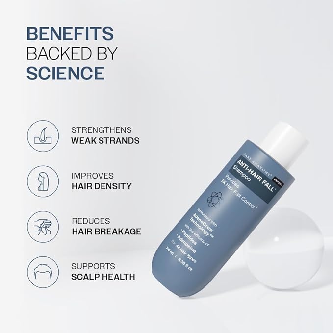 Bare Anatomy Anti-Hair Fall Shampoo | Provides 5x Hair Fall Control | pH 4.6 | Adenosine & Peptides | Strengthens Weak Roots & Reduces Breakage | Sulphate & Paraben Free | Unisex | 100ml