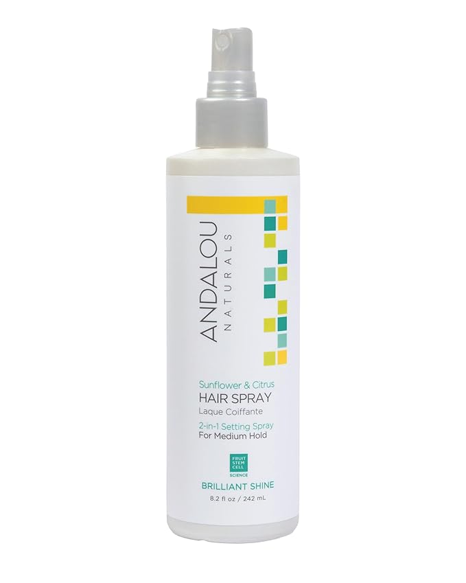 Andalou Naturals Sunflower & Citrus Brilliant Shine Hair Spray | Styling for Shine & Medium Hold | Aloe Vera for Frizz Control | Natural & Cruelty Free | 8.2 fl oz