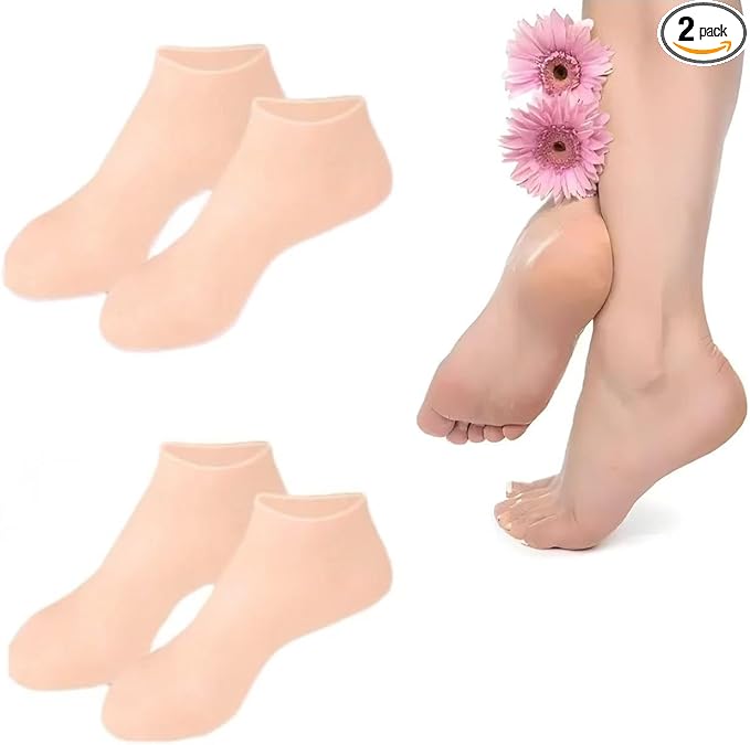 2 Pairs Silicone Socks for Dry Cracked Feet Women,Silicones Moisturizing Socks,Foot Spa Pedicure Silicone Socks for Repairing Dry Feet,Cracked Heels(Beige & Beige, Medium/Large(fits Size 8 to 11))
