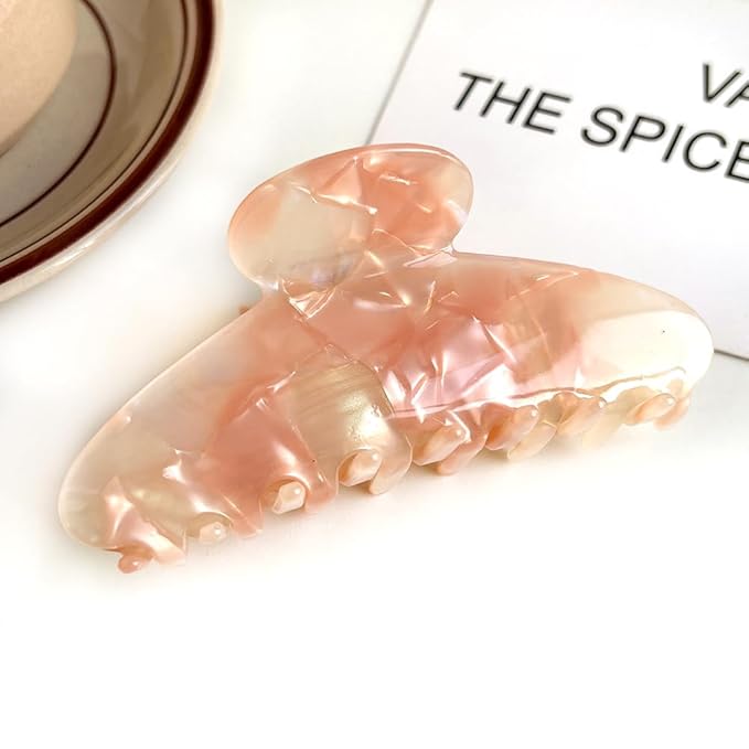 Wenlly large tortoise shell claw clip, 4.1 Inch cellulose acetate hair claw clips, marble non-slip strong hair hold barrettes for women and girls, pink