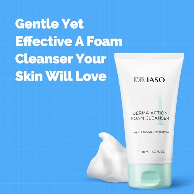 IASO Dr DERMA ACTION FOAM CLEANSER | Clear Cleansing Foam, Time-Saving Two-In-One Formula Cleanser, Whipped Foam and Protein-Digesting Enzyme Powder, Korean Skin Care, 4.3 oz