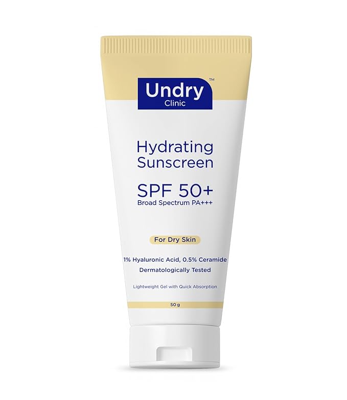 Undry Hydrating Sunscreen for Dry Skin Lightweight, Photostable Sunscreen SPF 50 Broad Spectrum Sun Screen Protector SPF 50 Sunscreen Sun Cream with HA & Ceramide (50gm/1.7 Oz)