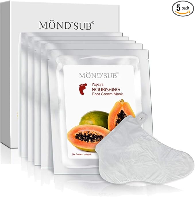 MOND’SUB Papaya Nourishing Foot Cream Mask Leave Skin Soft Smooth and Supple Dissolves Inactive Protein and Dead Skin Cells Spa Mask Moisture Enhancing Socks for Dry Feet(1box=5pcs)