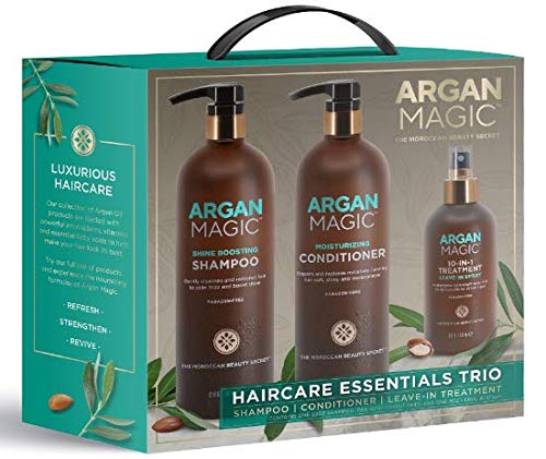 ARGAN MAGIC Hair Care Essentials Trio - Shine Boosting Shampoo | Moisturizing Conditioner | 10 in 1 Leave in Spray | Restores Shine & Elasticity | Hydrates | Detangles, (32 oz / 8 oz)