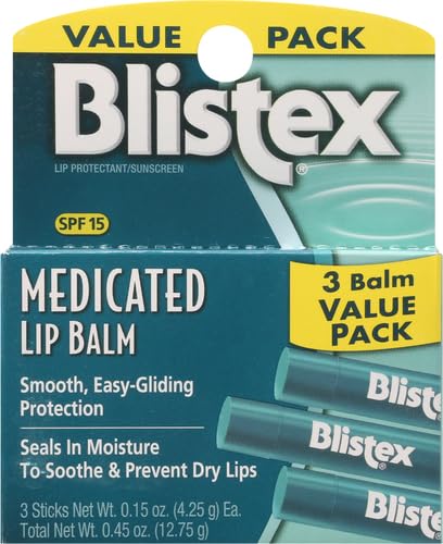 Blistex Medicated Lip Balm, 0.15 Ounce, Prevent Dryness & Chapping, SPF 15 Sun Protection, Seals in Moisture, Hydrating Lip Balm, Easy Glide Formula for Full Coverage, 3 Count, (Pack of 2)
