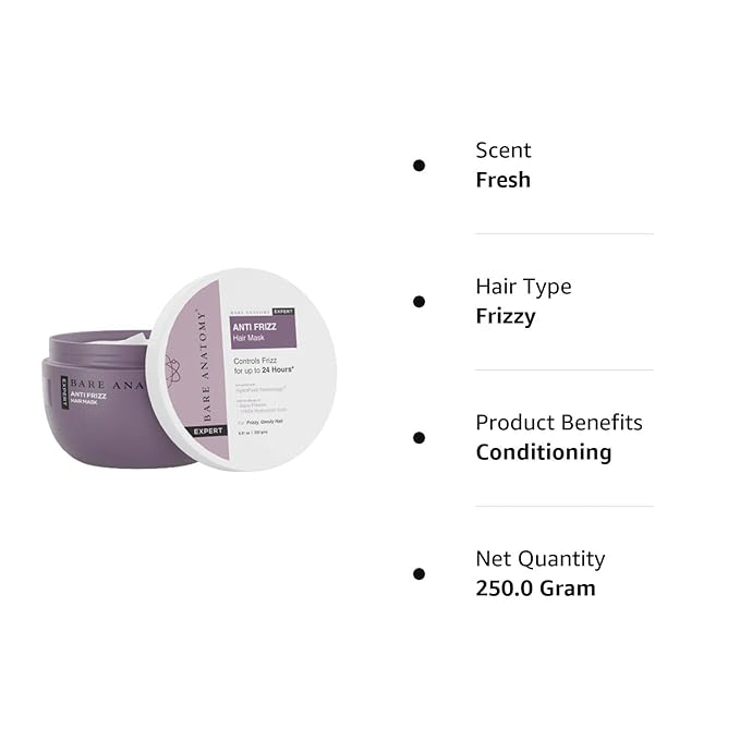 Bare Anatomy Anti Frizz Hair Mask | 250ml | Powered By Hyaluronic Acid & Fatty Acids | For Deep Conditioned & Frizz Free Hair | Sulphate & Paraben Free | Women & Men