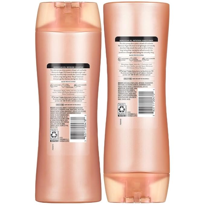 Suave Moroccan Oil Infusion Shine Shampoo and Conditioner for Dull Hair – Salon-Proven System for Brilliant, Shiny Hair, Frizz Control, 12.6 Oz Ea