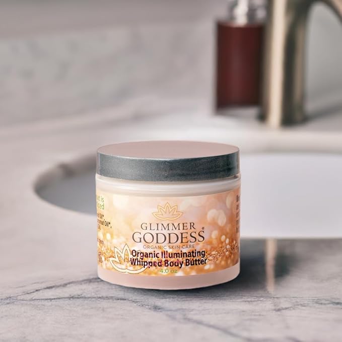GLIMMER GODDESS Organic Whipped Body Butter - Super Level 3 Gold Shimmer - Moisturizing & Nourishing Skincare with Natural Ingredients - Luxurious Glow & Hydration for All Skin Types - 4.0 oz